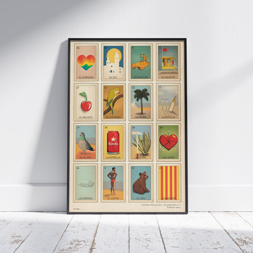 Poster 'Loteria Sitgetana Verano' by Cha, depicting 16 Sitges icons inspired by Mexican Loteria cards, leaning against a white wall