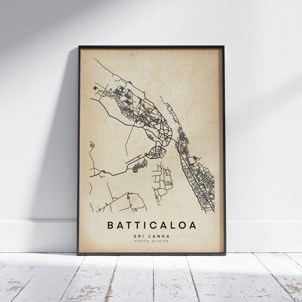 Retro Map of Batticaloa, lines only, black and white