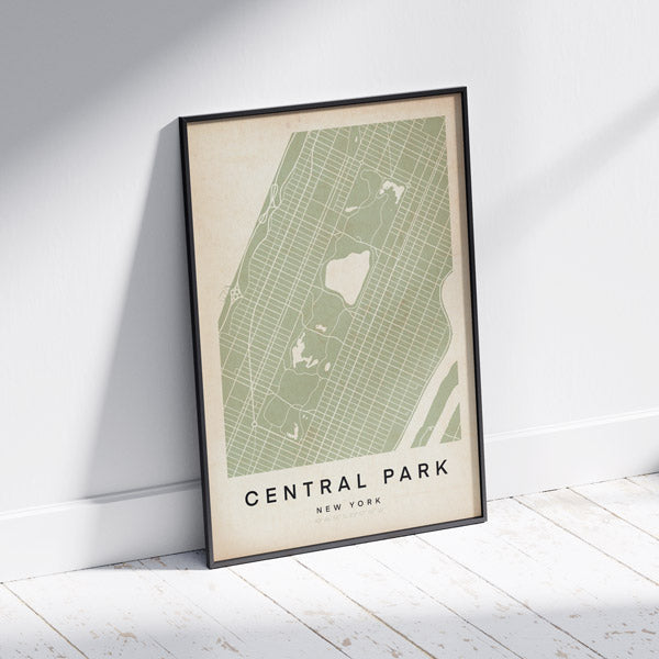 New York Central Park Retro Map Art Print by Cha, The Wanderer Maps™, limited edition monochrome