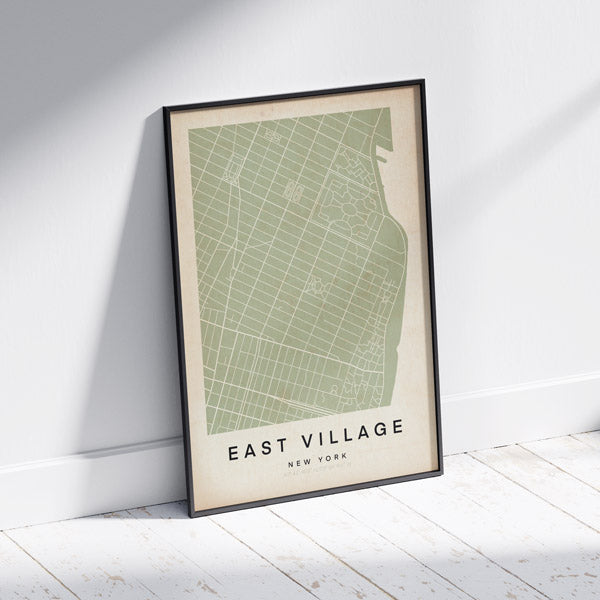 New York East Village Retro Map Art Print by Cha, The Wanderer Maps™, limited edition monochrome