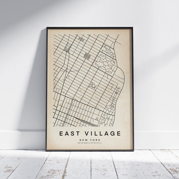 NY East Village Vintage Map Art Print by Cha, The Wanderer Maps™, limited edition black and white