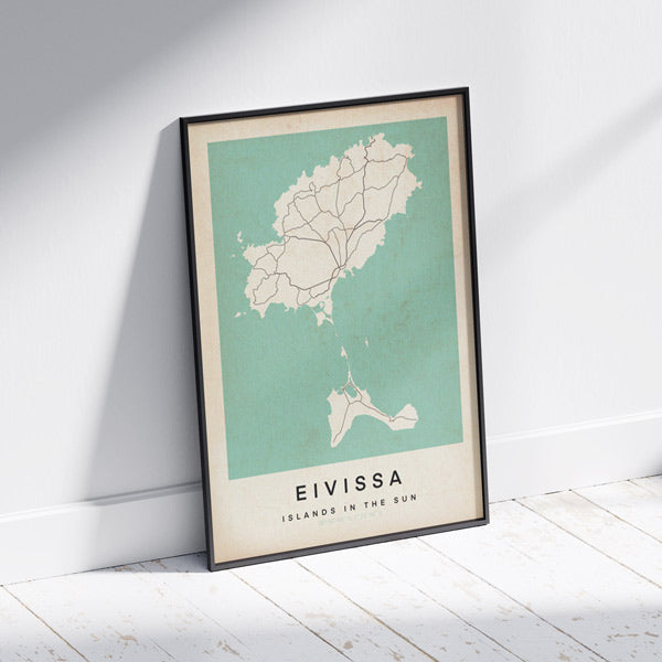 Eivissa Retro Map Art Print by Cha, The Wanderer Maps™, limited edition monochrome