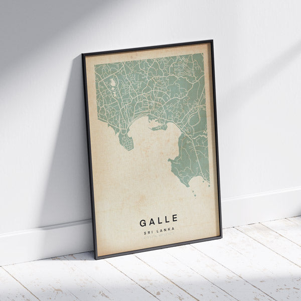 Sri Lanka Galle Retro Map Art Print by Cha, The Wanderer Maps™, limited edition monochrome