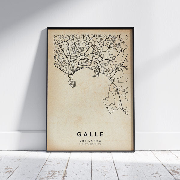 Galle Retro Map Art Print by Cha, The Wanderer Maps™, limited edition black and white map of Sri Lanka