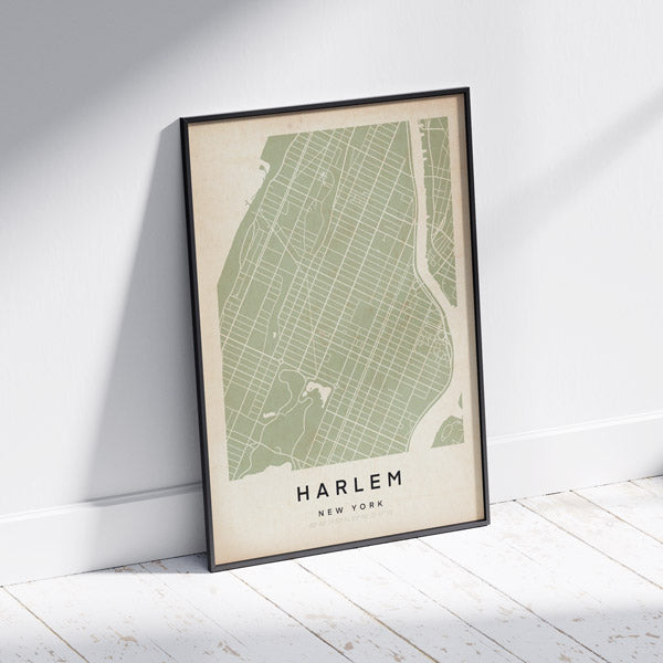 Harlem Retro Map Art Print by Cha, The Wanderer Maps™, limited edition monochrome