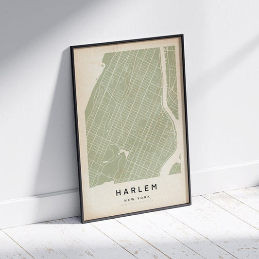 Harlem Retro Map Art Print by Cha, The Wanderer Maps™, limited edition monochrome