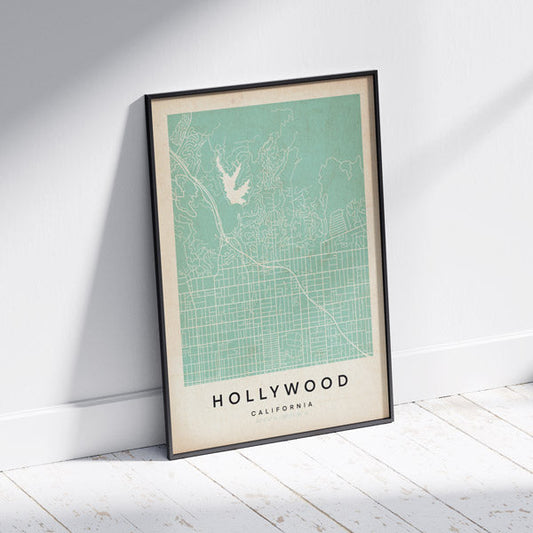 Hollywood Retro Map Art Print by Cha, The Wanderer Maps™, limited edition monochrome map of California