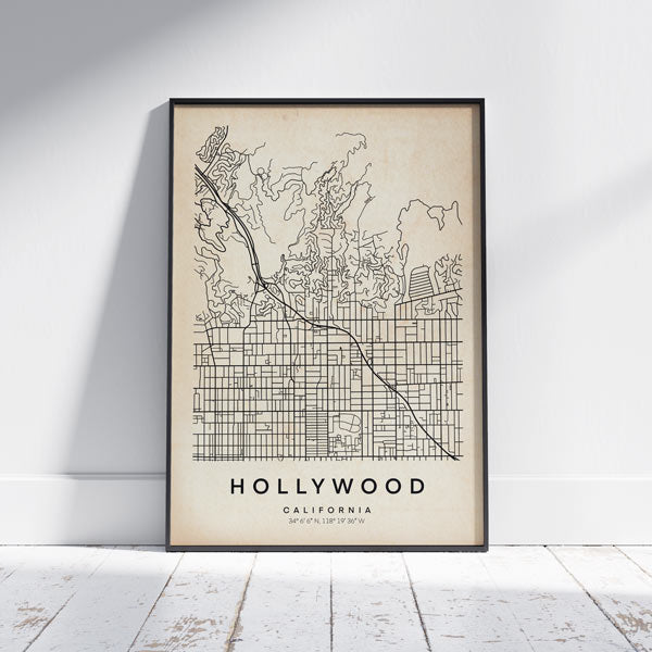 Hollywood Vintage Map Art Print by Cha, The Wanderer Maps™, limited edition bnw lines-only