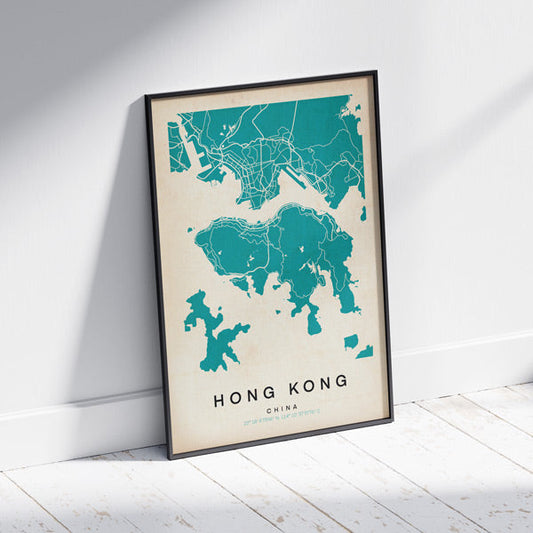 Hong Kong Retro Map Art Print by Cha, The Wanderer Maps™, limited edition monochrome