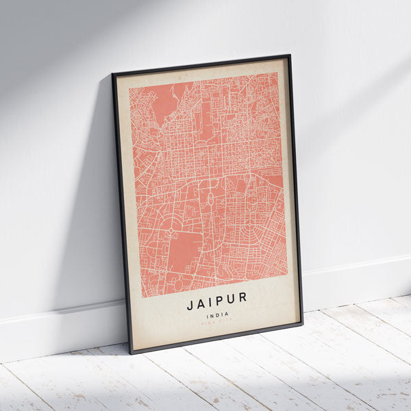 Jaipur pink Retro Map Art Print by Cha, The Wanderer Maps™, limited edition pink monochromatic map of India