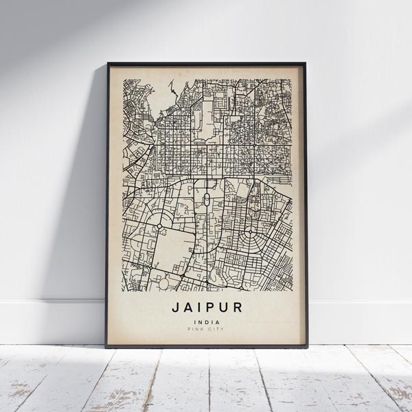 Vintage Jaipur Map Art Print by Cha, The Wanderer Maps™, limited edition bnw lines only