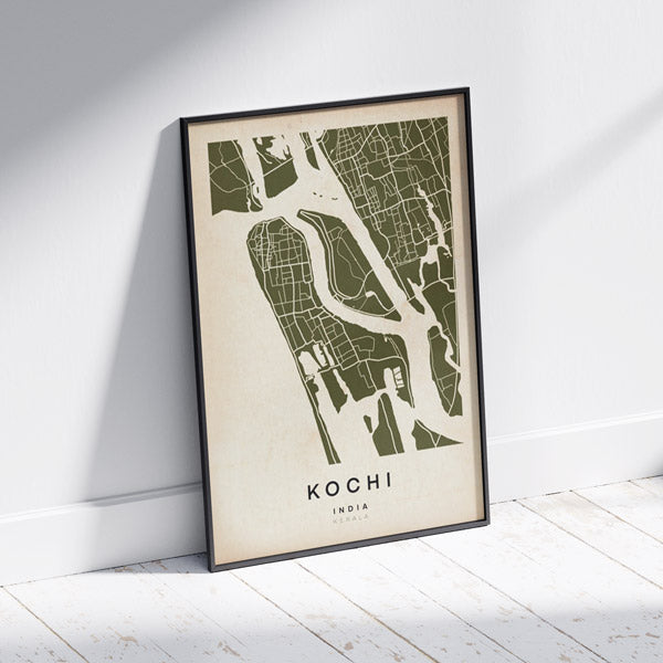 Kochi Retro Map Art Print by Cha, The Wanderer Maps™, limited edition monochrome