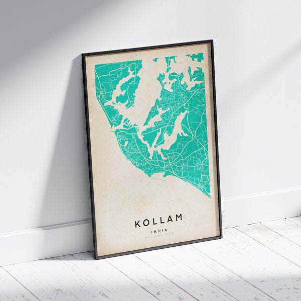 Kollam Retro Map Art Print by Cha, The Wanderer Maps™, limited edition monochrome