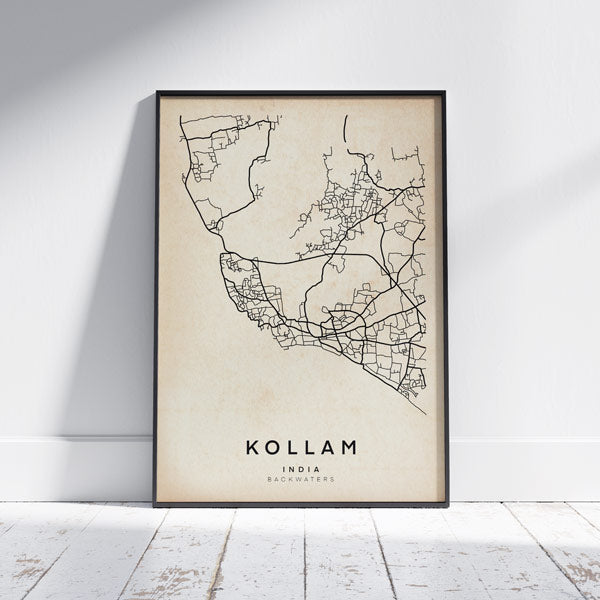 Kollam Retro Map Art Print by Cha, The Wanderer Maps™, limited edition bnw lines only