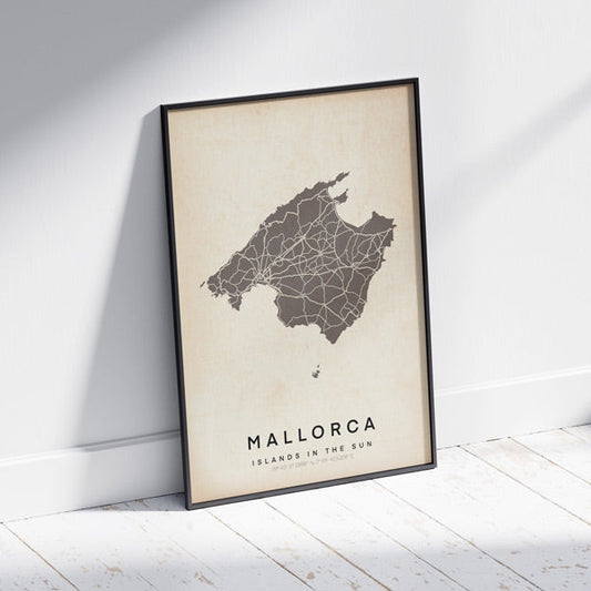 Mallorca Retro Map Art Print by Cha, The Wanderer Maps™, limited edition monochrome