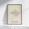 Vintage Mallorca Retro Map Art Print by Cha, The Wanderer Maps™, limited edition black and white line art poster