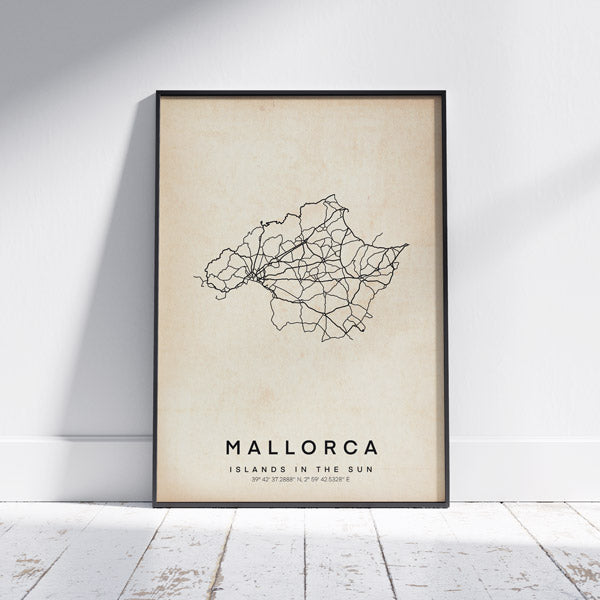 Vintage Mallorca Retro Map Art Print by Cha, The Wanderer Maps™, limited edition black and white line art poster