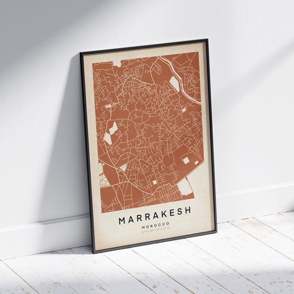 Marrakesh Retro Map Art Print by Cha, The Wanderer Maps™, limited edition monochrome map of Morocco