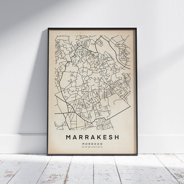 Vintage Marrakesh Map Art Print by Cha, The Wanderer Maps™, limited edition retro monochrome map of Morocco