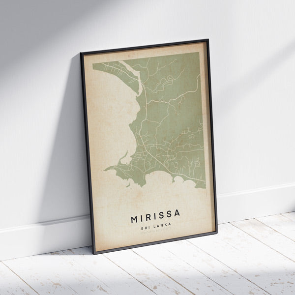 Mirissa Retro Map Art Print by Cha, The Wanderer Maps™, limited edition monochrome