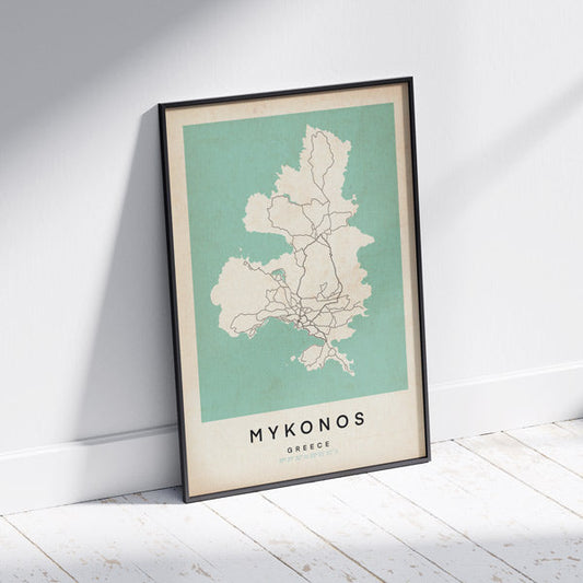 Mykonos Retro Map Art Print by Cha, The Wanderer Maps™, limited edition monochrome