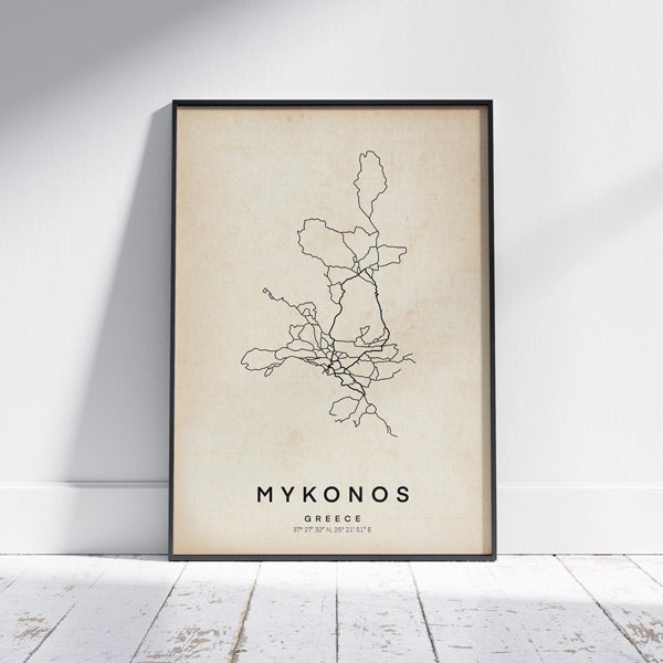 Vintage Mykonos Retro Map Art Print by Cha, The Wanderer Maps™, limited edition black and white line art ap of Greece