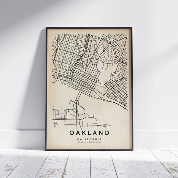 Oakland Retro Map Art Print by Cha, The Wanderer Maps™, limited edition black and white