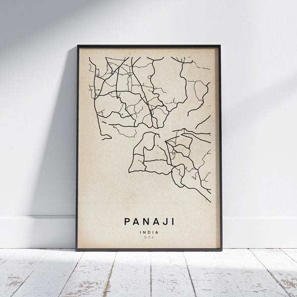 Retro Panaji map poster by Cha, Black and white lines edition