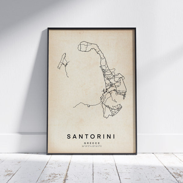 Retro Map of Santorini, black and white line limited edition