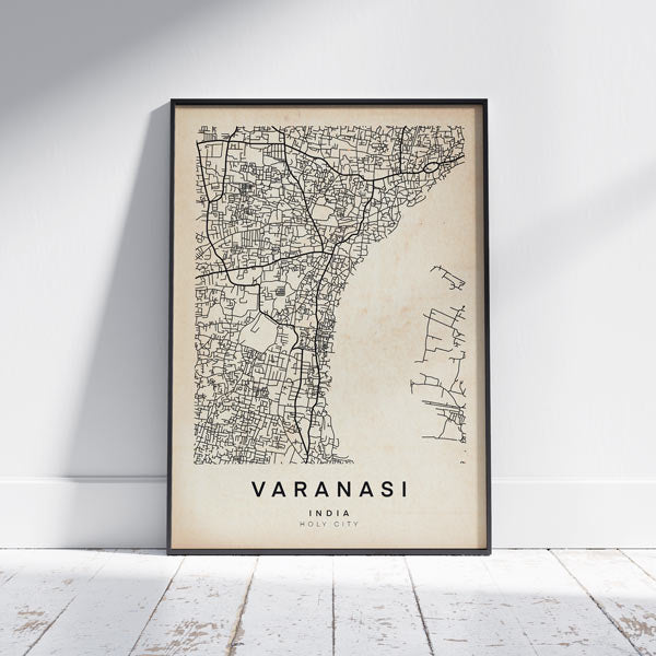 Retro Limited Edition Varanasi map art print, black and white lines version