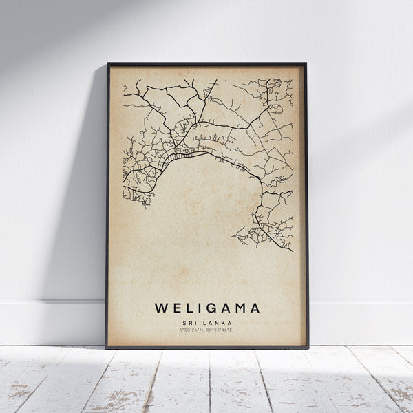 Retro Weligama map poster by Cha, black and white lines edition