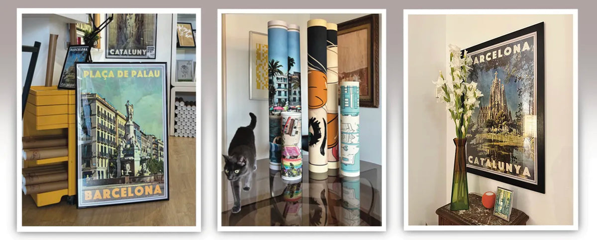 MyRetroPoster vintage travel posters and retro art prints displayed in our Barcelona gallery and stylish home interiors
