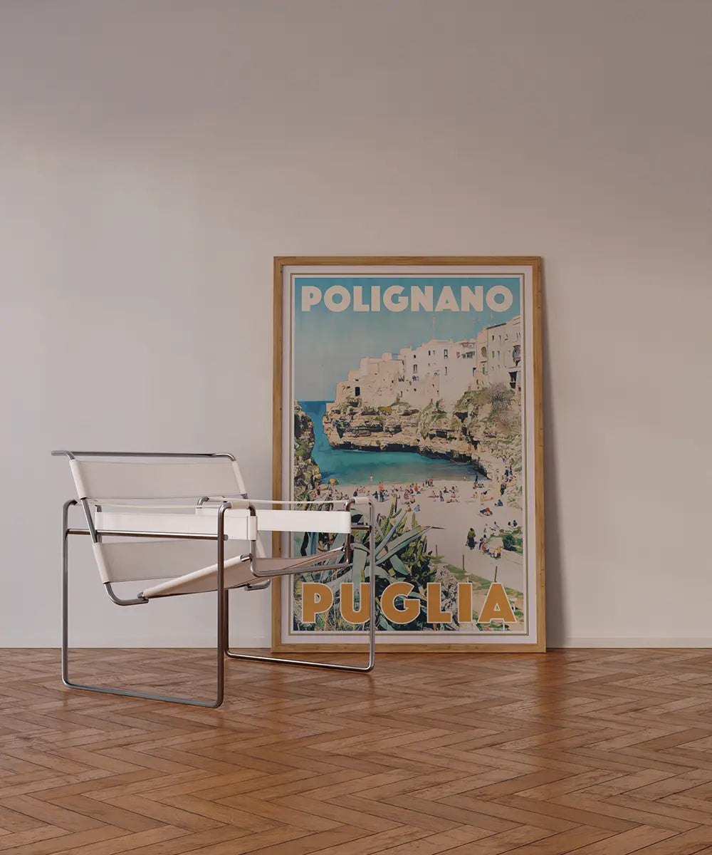 Best-seller poster ‘Polignano, Puglia’ displayed in a modern interior, showcasing one of Myretroposter’s most popular wall art