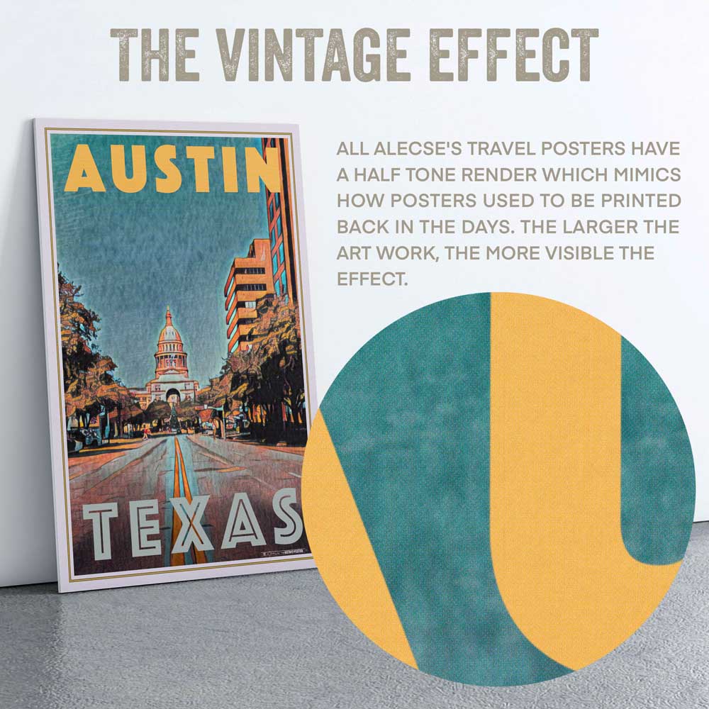 Detailed macro shot of the Austin Texas Travel Poster, emphasizing Alecse’s half-tone render technique, characteristic of his work