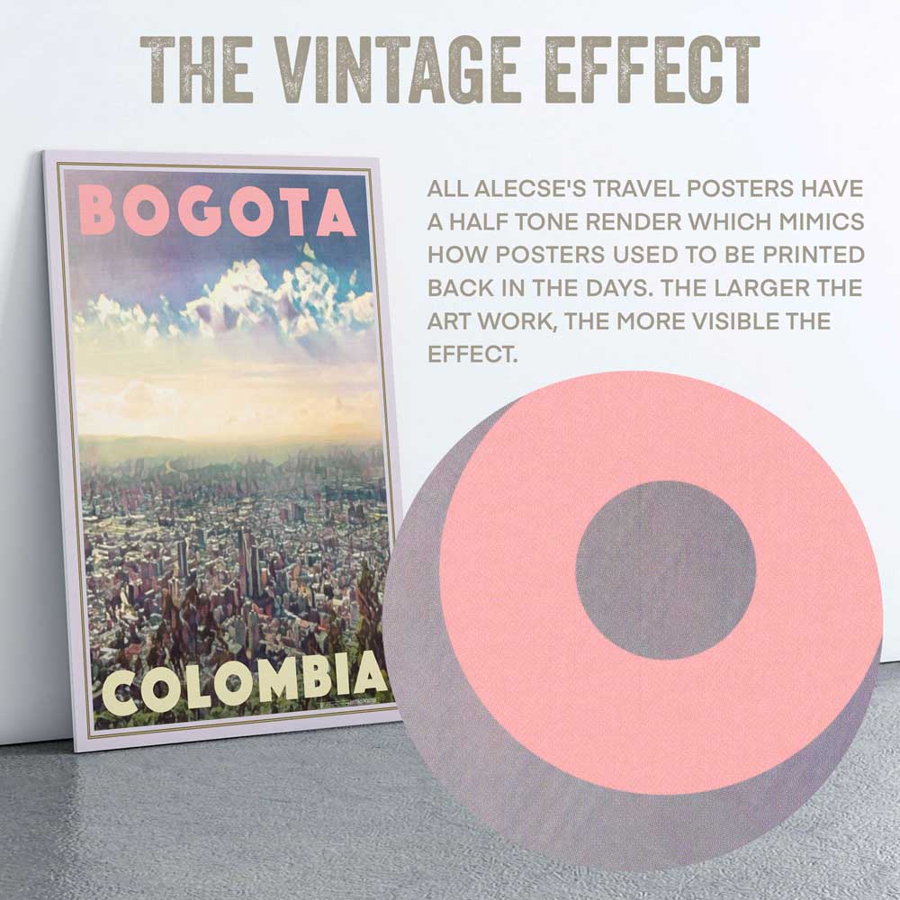 Zoom on halftone rendering from the Bogota Colombia travel print, showing retro printing dot texture under vintage-style font