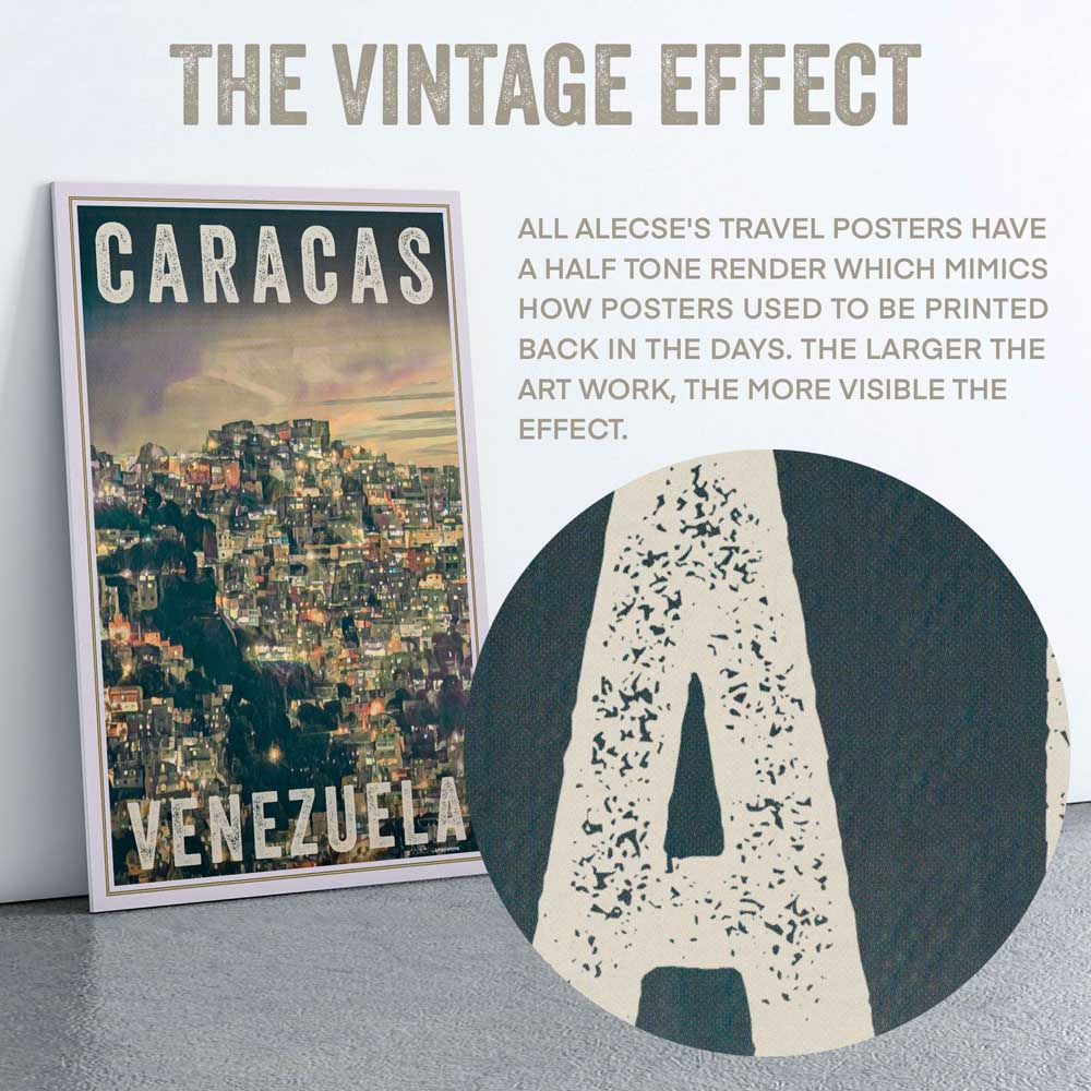 Macro view of the Caracas poster near the top title letters highlighting Alecse’s signature half-tone render