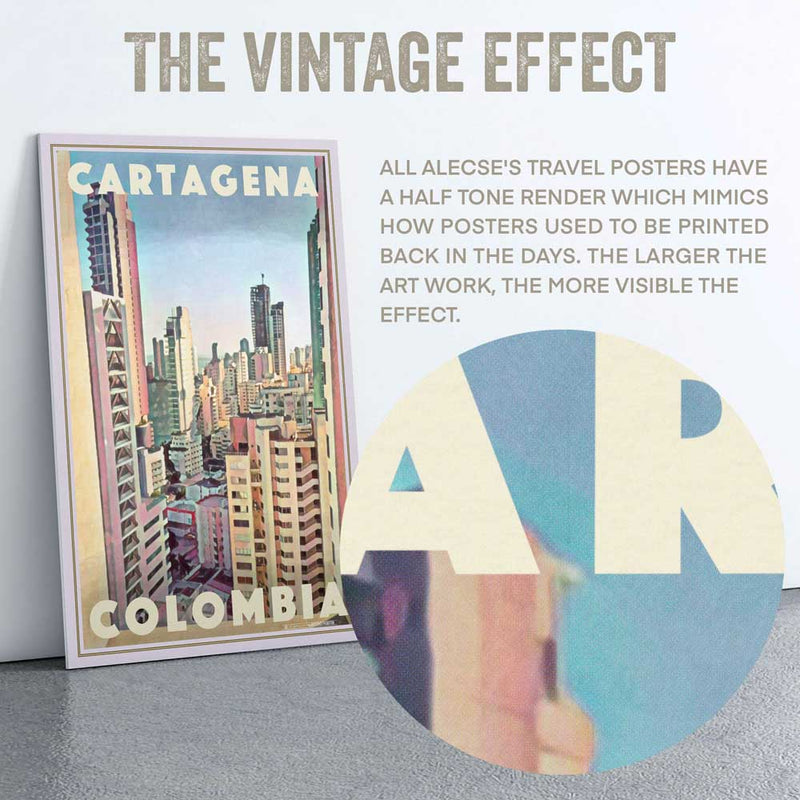 Macro detail of the Cartagena poster’s top title letters, showcasing Alecse’s signature half-tone rendering