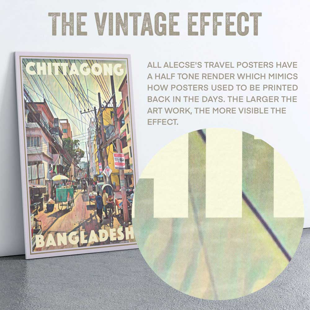 Macro view of the Chittagong poster highlighting Alecse’s signature half-tone render effect, adding a vintage texture