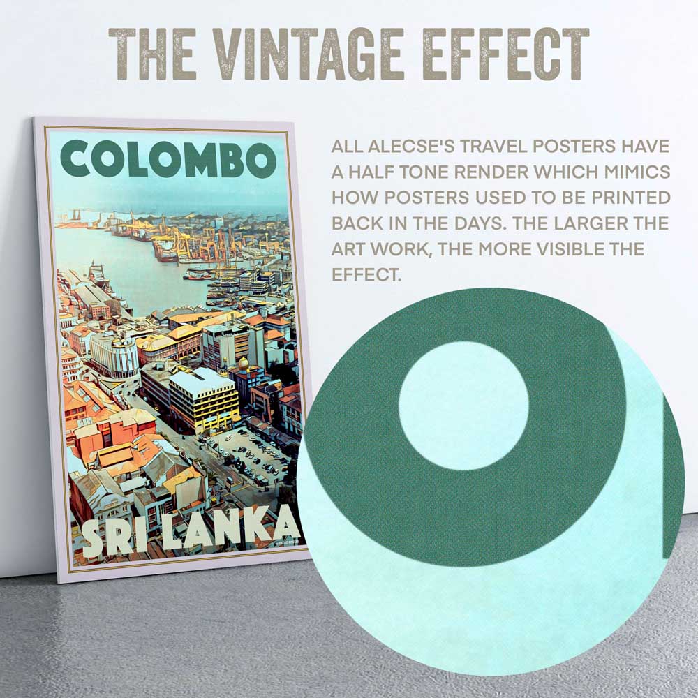 Macro shot of Colombo Sri Lanka travel poster near the title letters, showing Alecse’s signature half-tone render.