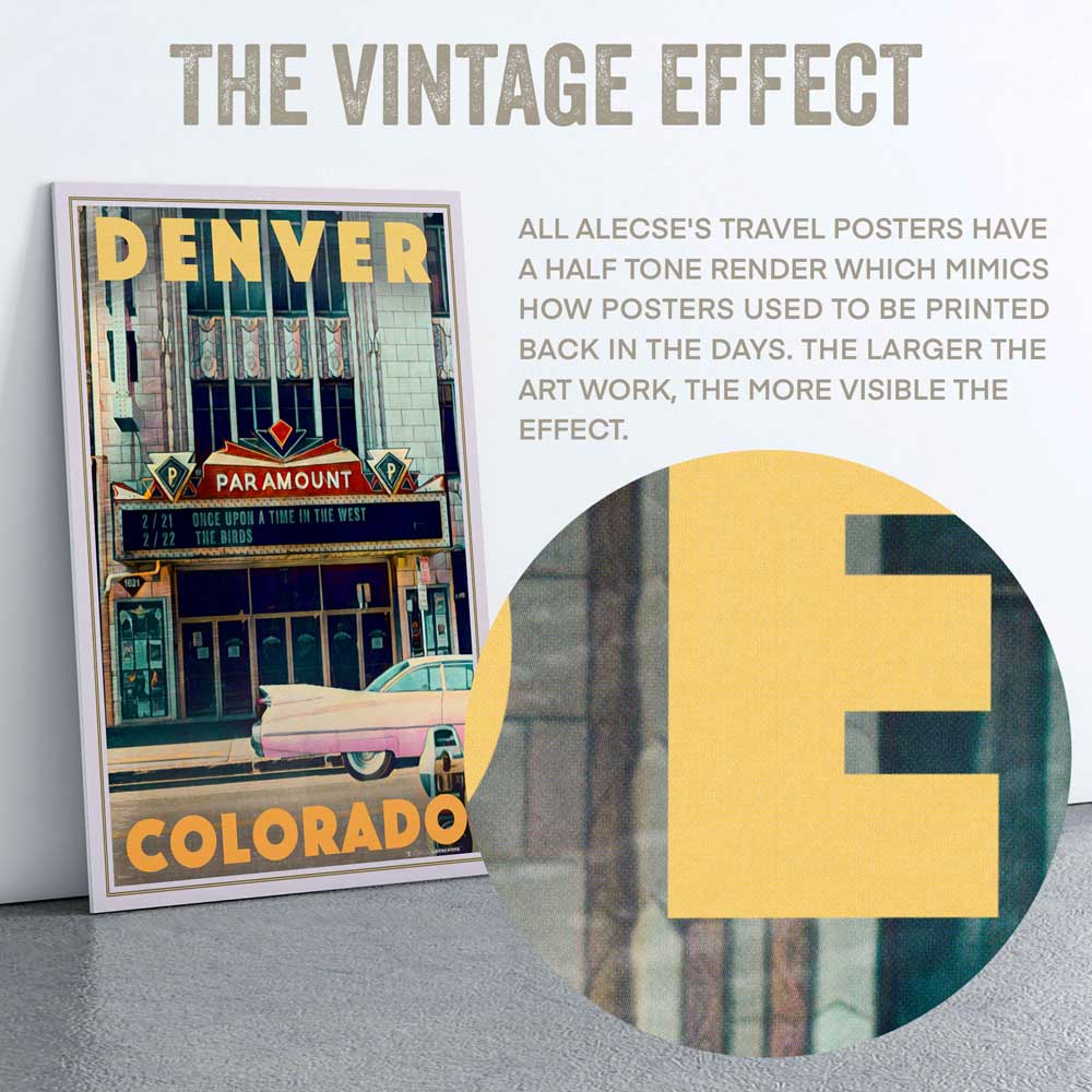Detail of "Denver Poster Paramount" featuring Alecse's signature half-tone render, capturing the essence of Colorado’s cinematic history