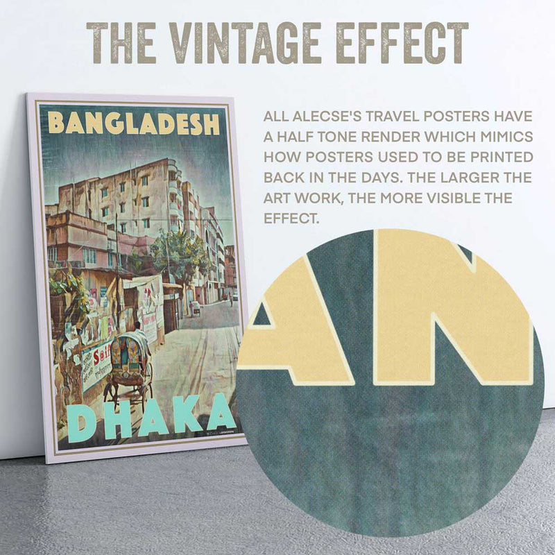 Macro view of the Dhaka poster highlighting Alecse’s signature half-tone render effect, adding a vintage texture