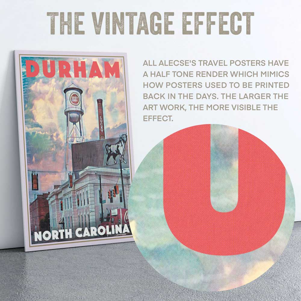 Macro view of the Durham poster near the top title letters highlighting Alecse’s signature half-tone render.