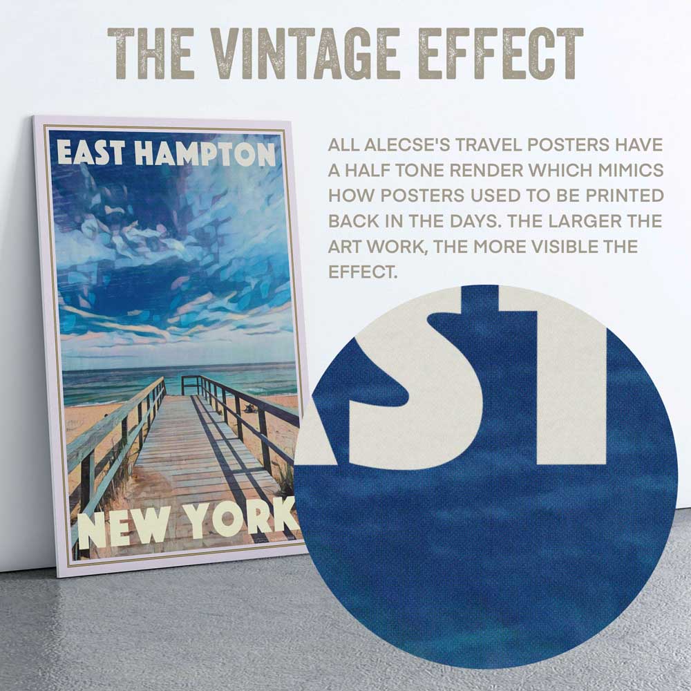 Macro view of the East Hampton Boardwalk poster’s top title, showcasing Alecse’s signature half-tone render style