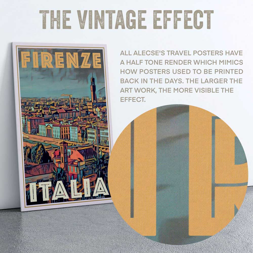 Macro shot of Florence Italy travel poster near the title letters, showing Alecse’s signature half-tone render.