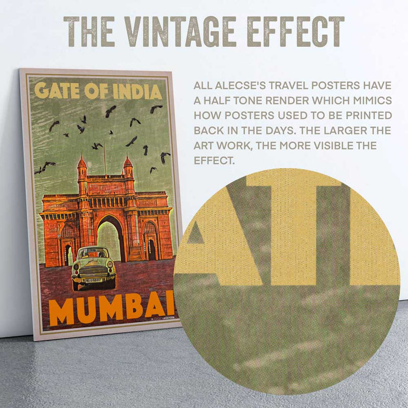 Macro view of the Mumbai poster near the top title letters highlighting Alecse’s signature half-tone render