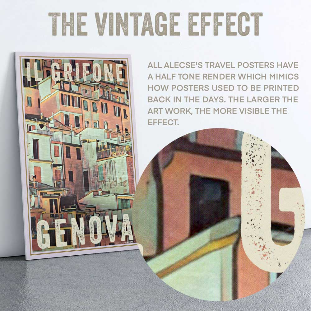 Close-up view of the Genoa Poster, highlighting the half-tone render and soft-focus style unique to Alecse’s artwork