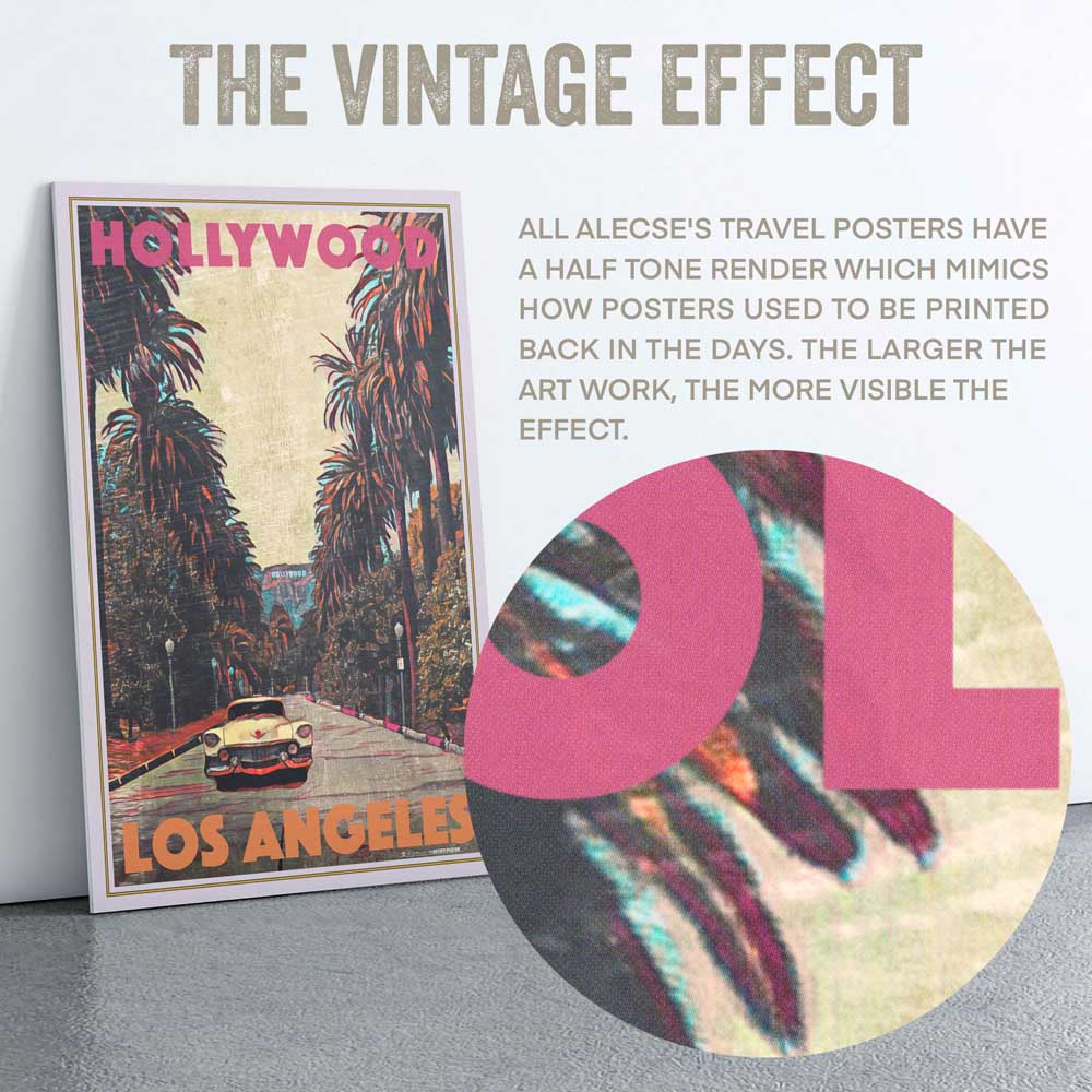 Macro shot of the "Hollywood Cadillac" Los Angeles poster, highlighting Alecse's distinctive half-tone technique that defines his vintage art style