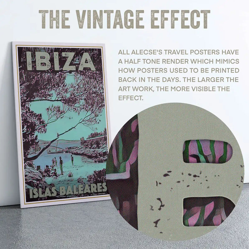 Close-up of halftone texture on Ibiza San Antonio vintage travel poster