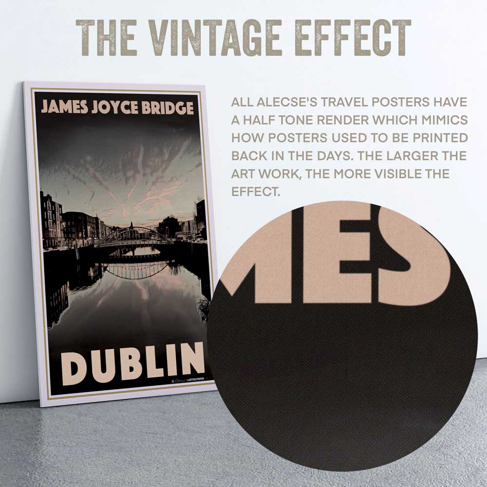 Macro view of the top of the Dublin Travel Poster, highlighting the signature half-tone render and vintage effect