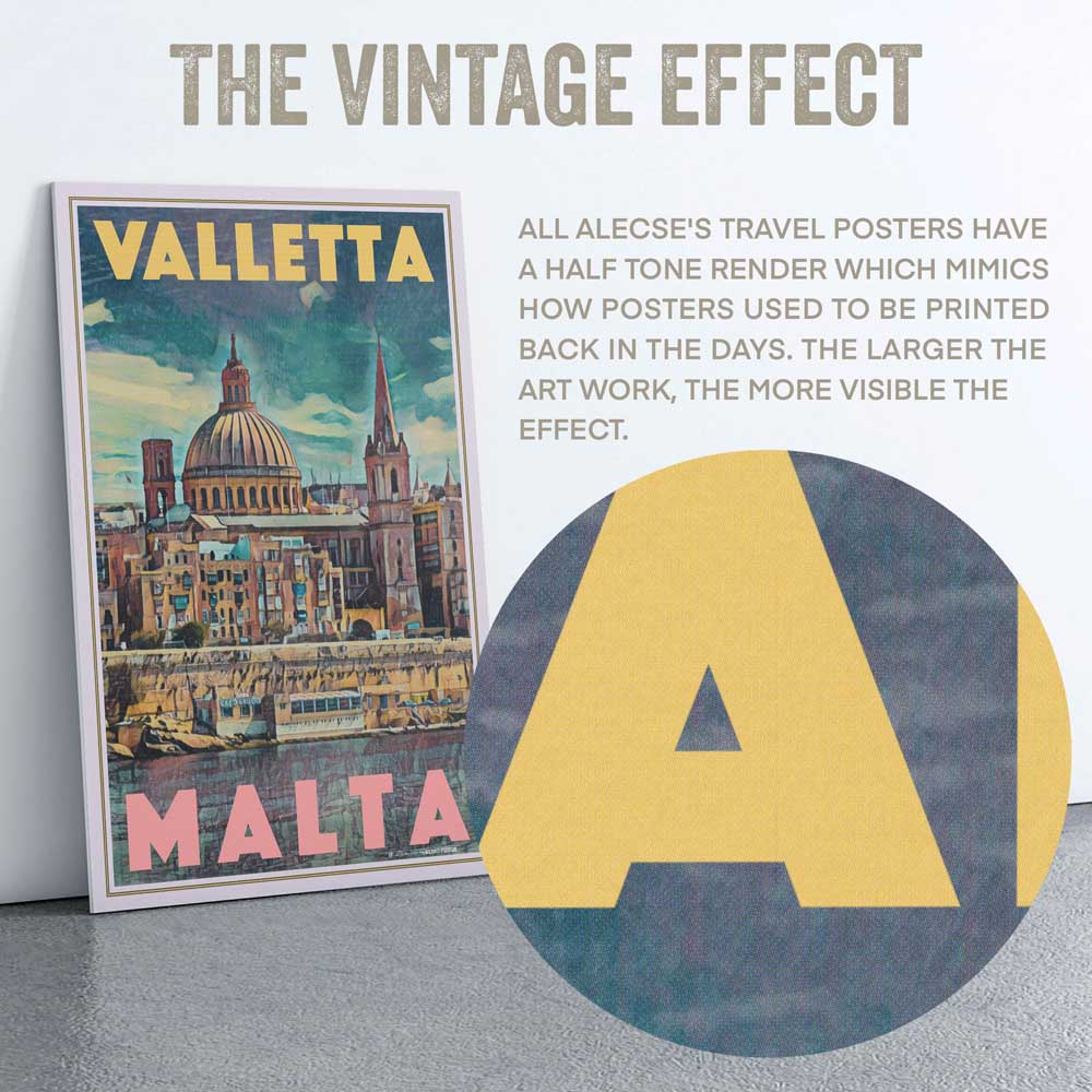 Macro view of the Malta poster of Valletta near the top title letters, showcasing Alecse's signature half-tone render style